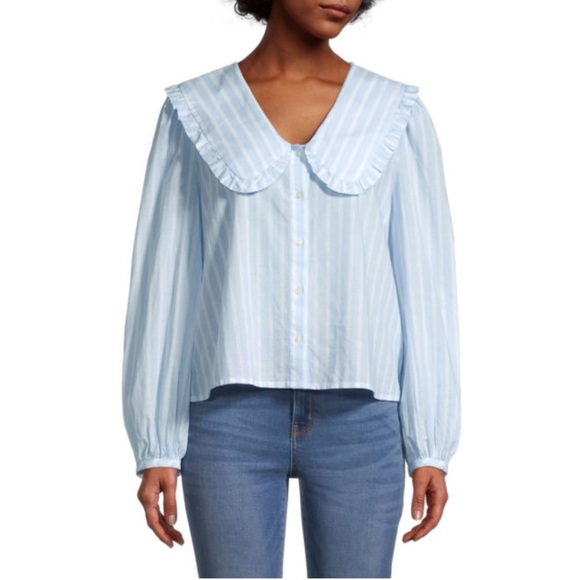 a.n.a Light Blue Ruffled Collar Blouse - Picture 1 of 6